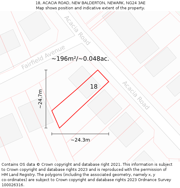 18, ACACIA ROAD, NEW BALDERTON, NEWARK, NG24 3AE: Plot and title map