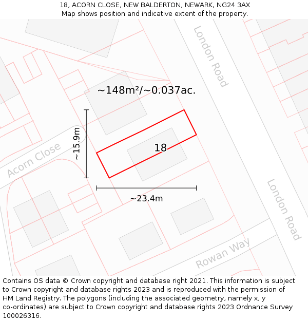 18, ACORN CLOSE, NEW BALDERTON, NEWARK, NG24 3AX: Plot and title map