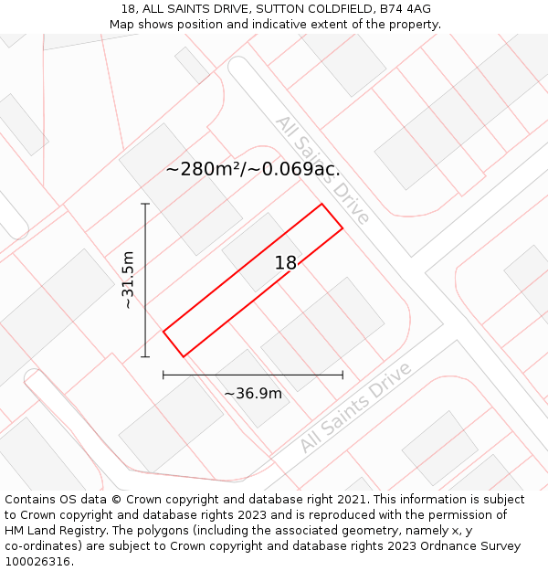 18, ALL SAINTS DRIVE, SUTTON COLDFIELD, B74 4AG: Plot and title map