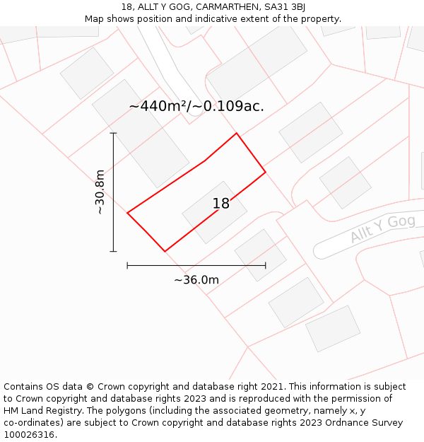 18, ALLT Y GOG, CARMARTHEN, SA31 3BJ: Plot and title map