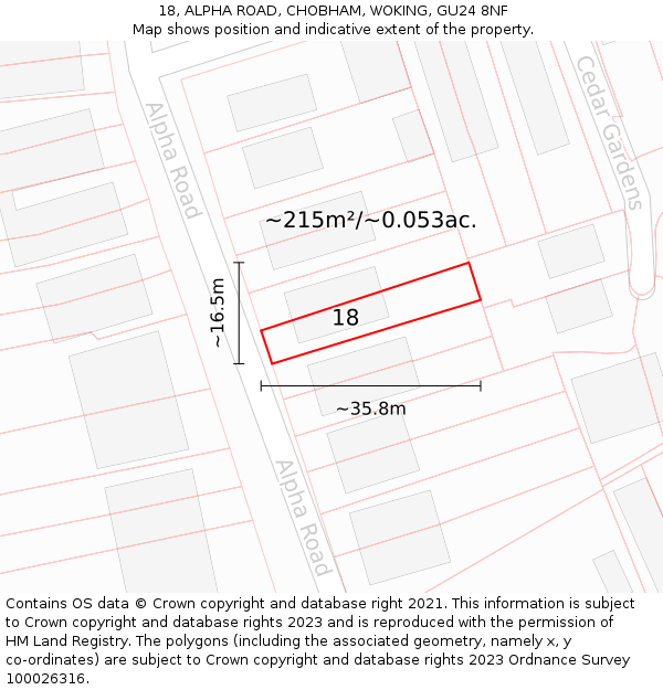 18, ALPHA ROAD, CHOBHAM, WOKING, GU24 8NF: Plot and title map