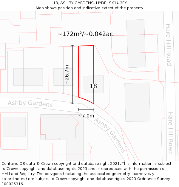 18, ASHBY GARDENS, HYDE, SK14 3EY: Plot and title map