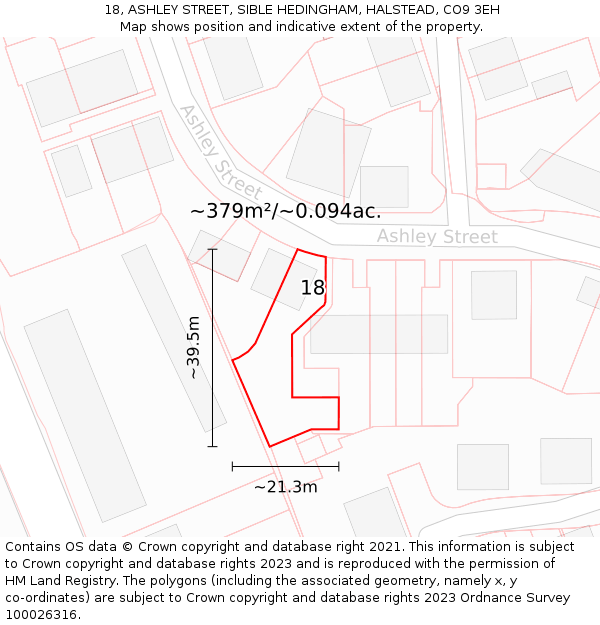 18, ASHLEY STREET, SIBLE HEDINGHAM, HALSTEAD, CO9 3EH: Plot and title map