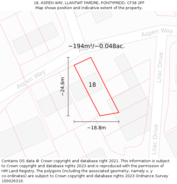 18, ASPEN WAY, LLANTWIT FARDRE, PONTYPRIDD, CF38 2PF: Plot and title map