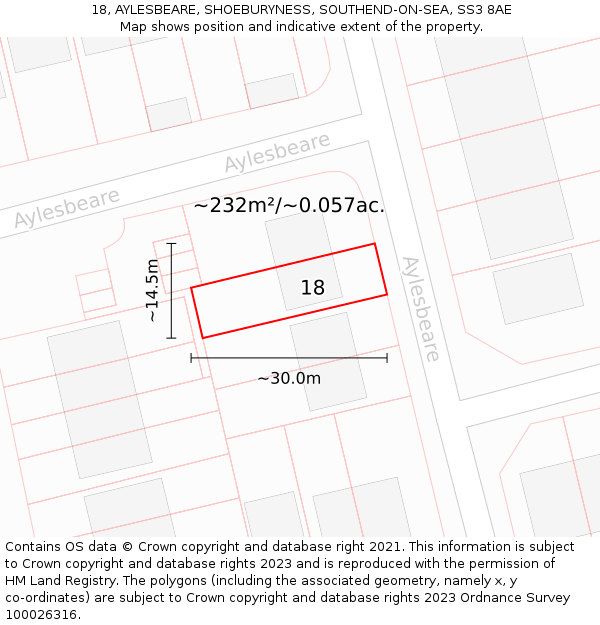 18, AYLESBEARE, SHOEBURYNESS, SOUTHEND-ON-SEA, SS3 8AE: Plot and title map