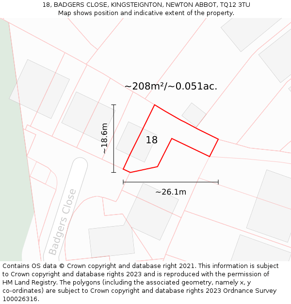 18, BADGERS CLOSE, KINGSTEIGNTON, NEWTON ABBOT, TQ12 3TU: Plot and title map