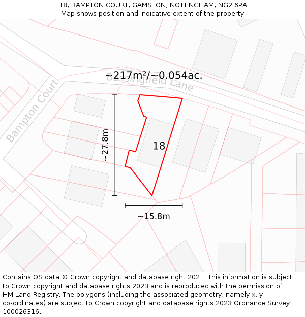 18, BAMPTON COURT, GAMSTON, NOTTINGHAM, NG2 6PA: Plot and title map