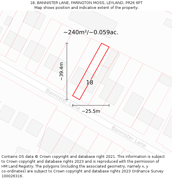 18, BANNISTER LANE, FARINGTON MOSS, LEYLAND, PR26 6PT: Plot and title map