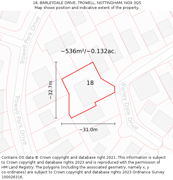 18, BARLEYDALE DRIVE, TROWELL, NOTTINGHAM, NG9 3QS: Plot and title map