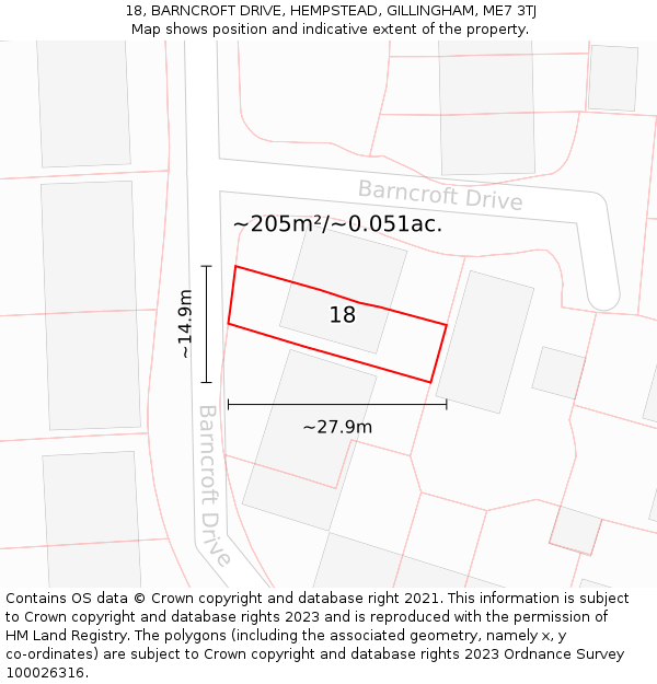 18, BARNCROFT DRIVE, HEMPSTEAD, GILLINGHAM, ME7 3TJ: Plot and title map