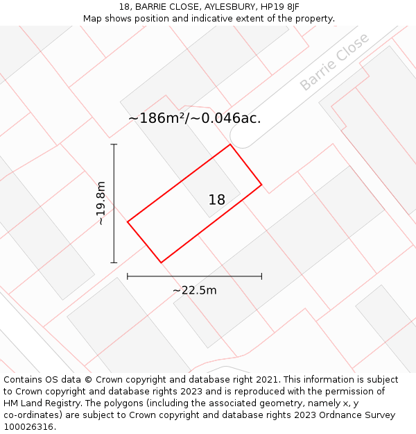 18, BARRIE CLOSE, AYLESBURY, HP19 8JF: Plot and title map