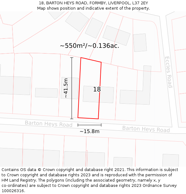 18, BARTON HEYS ROAD, FORMBY, LIVERPOOL, L37 2EY: Plot and title map