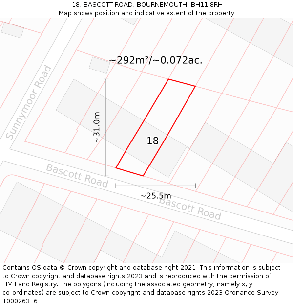 18, BASCOTT ROAD, BOURNEMOUTH, BH11 8RH: Plot and title map