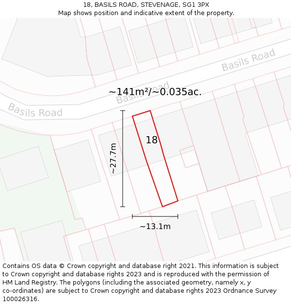 18, BASILS ROAD, STEVENAGE, SG1 3PX: Plot and title map