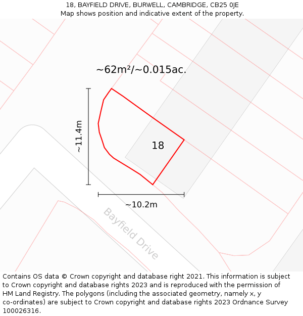 18, BAYFIELD DRIVE, BURWELL, CAMBRIDGE, CB25 0JE: Plot and title map