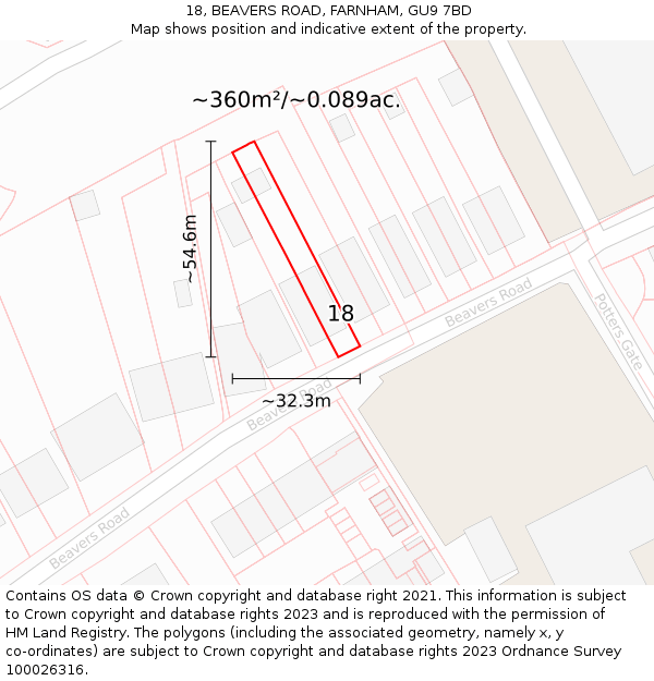 18, BEAVERS ROAD, FARNHAM, GU9 7BD: Plot and title map