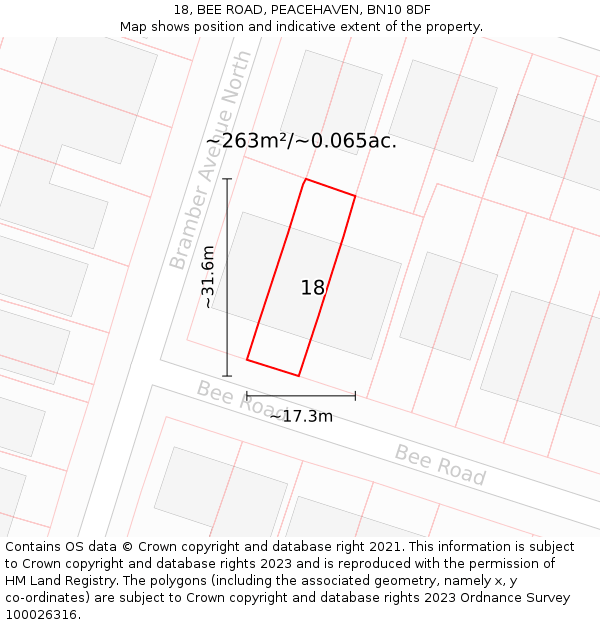 18, BEE ROAD, PEACEHAVEN, BN10 8DF: Plot and title map