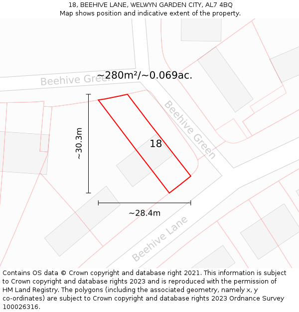 18, BEEHIVE LANE, WELWYN GARDEN CITY, AL7 4BQ: Plot and title map