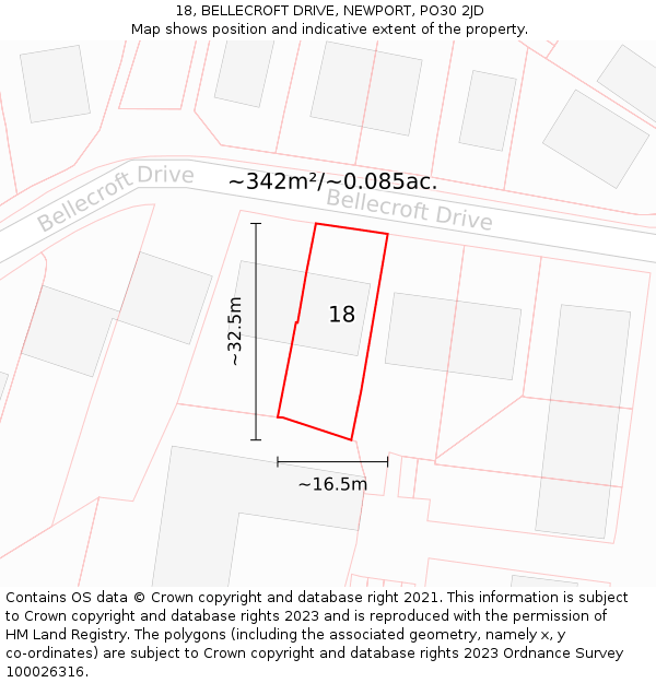 18, BELLECROFT DRIVE, NEWPORT, PO30 2JD: Plot and title map