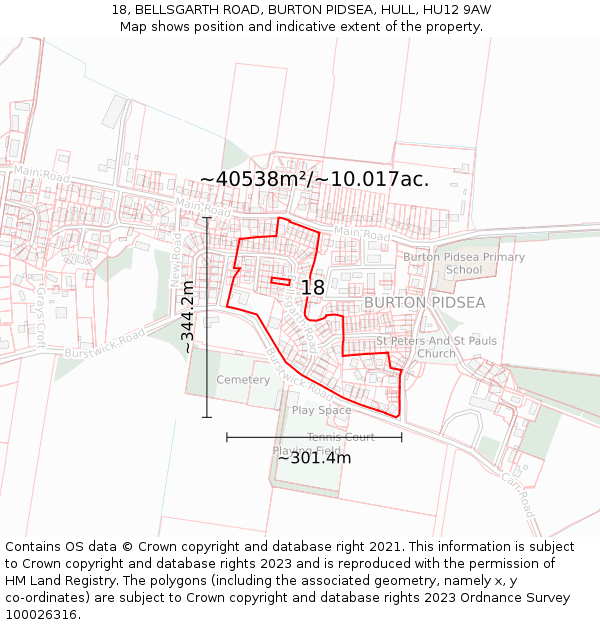 18, BELLSGARTH ROAD, BURTON PIDSEA, HULL, HU12 9AW: Plot and title map