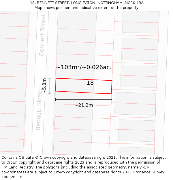 18, BENNETT STREET, LONG EATON, NOTTINGHAM, NG10 4RA: Plot and title map