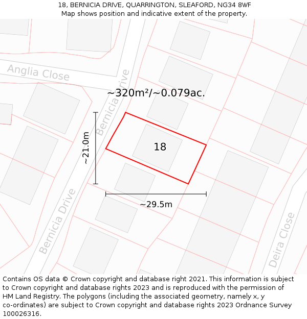 18, BERNICIA DRIVE, QUARRINGTON, SLEAFORD, NG34 8WF: Plot and title map