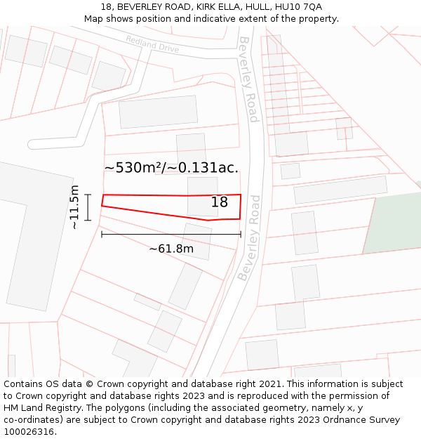 18, BEVERLEY ROAD, KIRK ELLA, HULL, HU10 7QA: Plot and title map