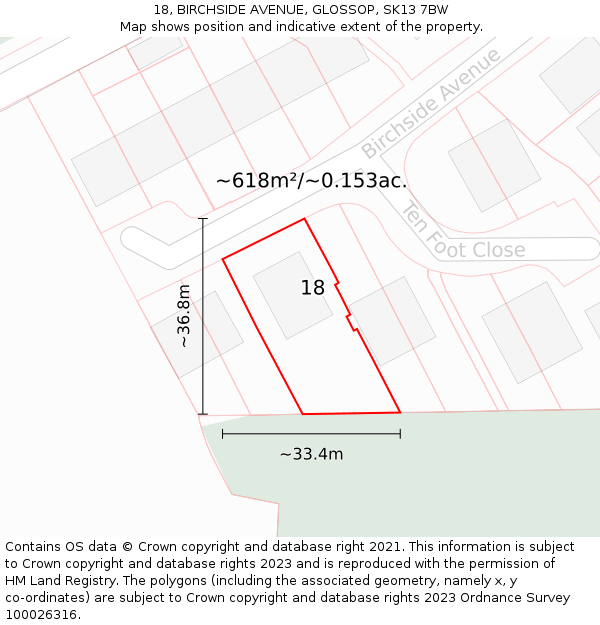 18, BIRCHSIDE AVENUE, GLOSSOP, SK13 7BW: Plot and title map