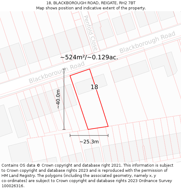 18, BLACKBOROUGH ROAD, REIGATE, RH2 7BT: Plot and title map