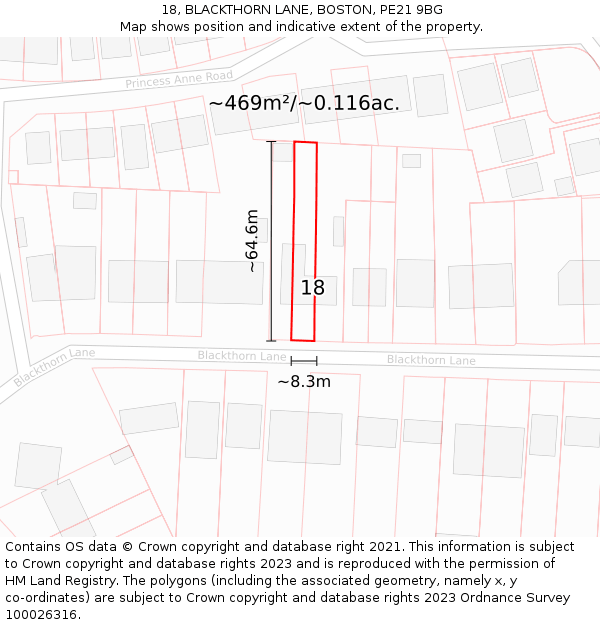 18, BLACKTHORN LANE, BOSTON, PE21 9BG: Plot and title map