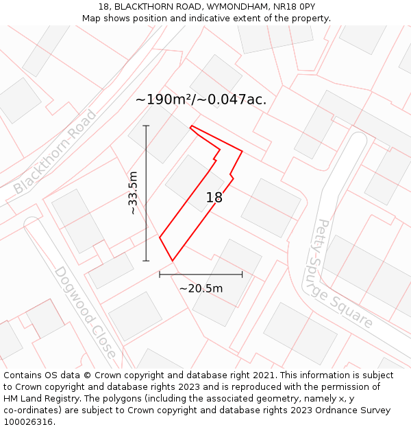 18, BLACKTHORN ROAD, WYMONDHAM, NR18 0PY: Plot and title map