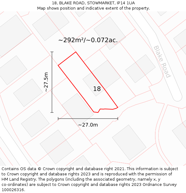 18, BLAKE ROAD, STOWMARKET, IP14 1UA: Plot and title map