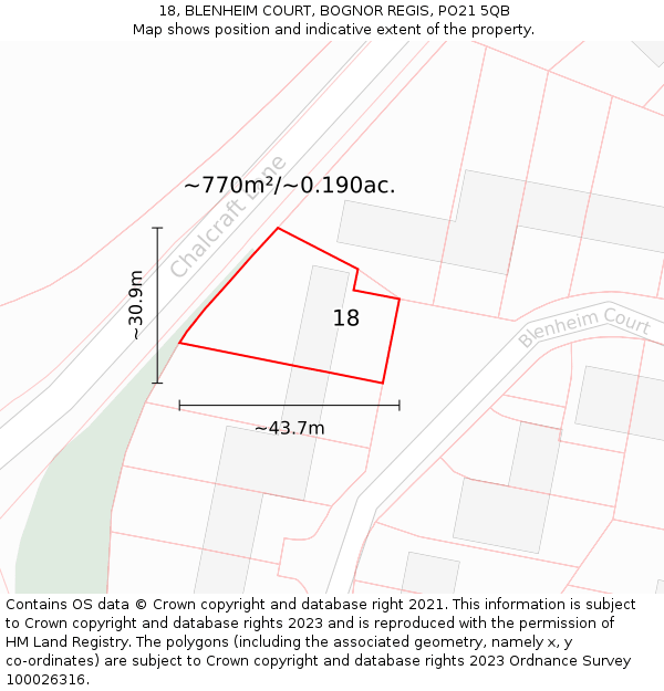 18, BLENHEIM COURT, BOGNOR REGIS, PO21 5QB: Plot and title map