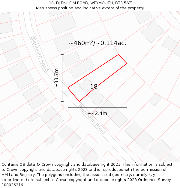 18, BLENHEIM ROAD, WEYMOUTH, DT3 5AZ: Plot and title map