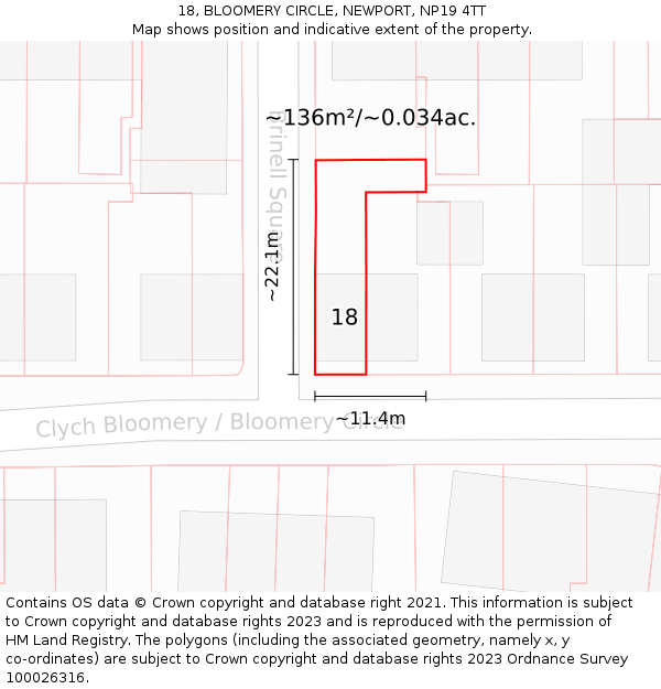 18, BLOOMERY CIRCLE, NEWPORT, NP19 4TT: Plot and title map