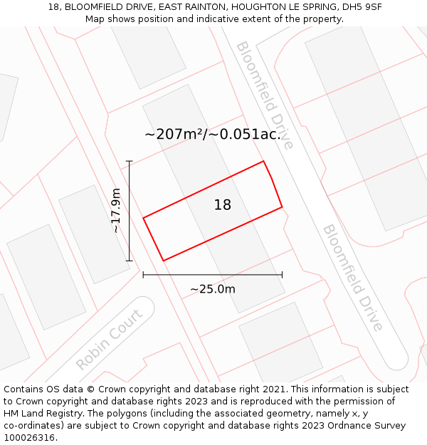 18, BLOOMFIELD DRIVE, EAST RAINTON, HOUGHTON LE SPRING, DH5 9SF: Plot and title map