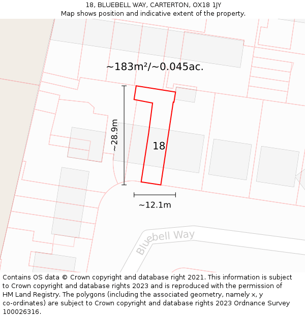 18, BLUEBELL WAY, CARTERTON, OX18 1JY: Plot and title map