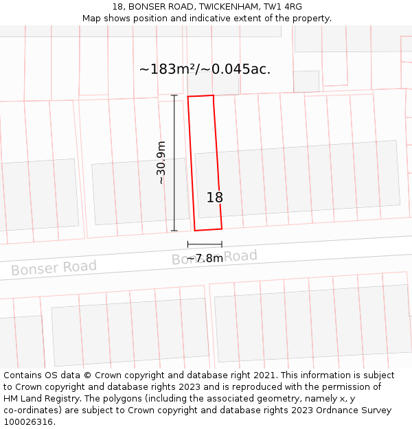 18, BONSER ROAD, TWICKENHAM, TW1 4RG: Plot and title map