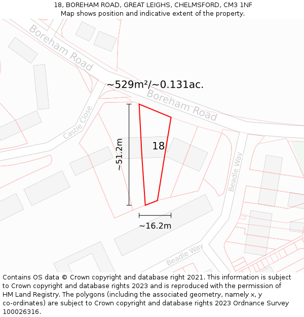 18, BOREHAM ROAD, GREAT LEIGHS, CHELMSFORD, CM3 1NF: Plot and title map