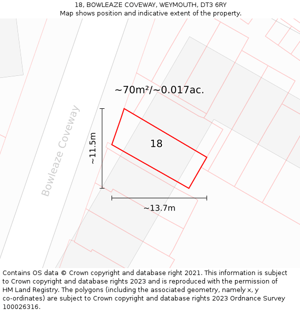 18, BOWLEAZE COVEWAY, WEYMOUTH, DT3 6RY: Plot and title map