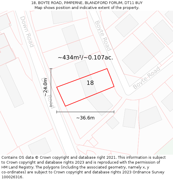 18, BOYTE ROAD, PIMPERNE, BLANDFORD FORUM, DT11 8UY: Plot and title map