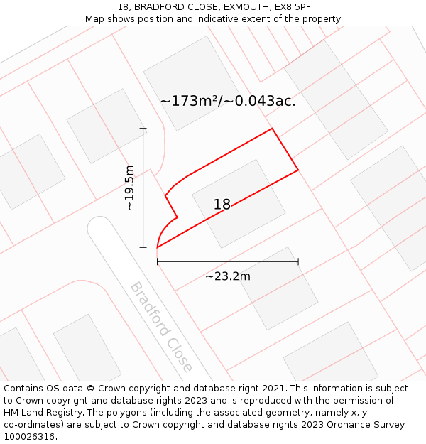 18, BRADFORD CLOSE, EXMOUTH, EX8 5PF: Plot and title map