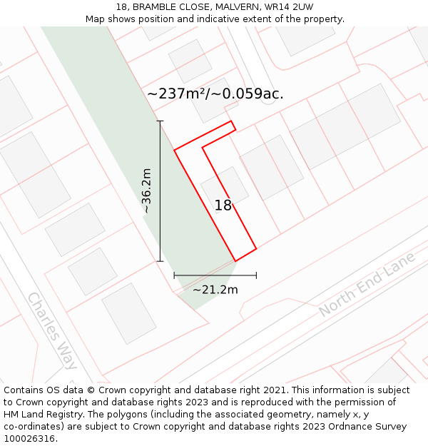 18, BRAMBLE CLOSE, MALVERN, WR14 2UW: Plot and title map