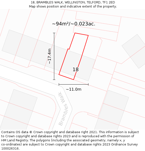 18, BRAMBLES WALK, WELLINGTON, TELFORD, TF1 2ED: Plot and title map