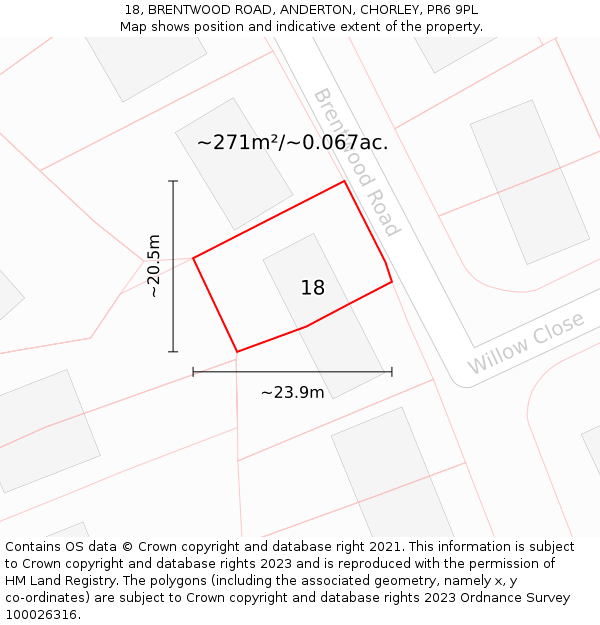 18, BRENTWOOD ROAD, ANDERTON, CHORLEY, PR6 9PL: Plot and title map