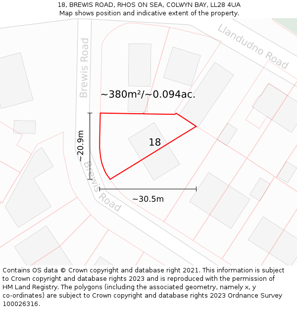 18, BREWIS ROAD, RHOS ON SEA, COLWYN BAY, LL28 4UA: Plot and title map