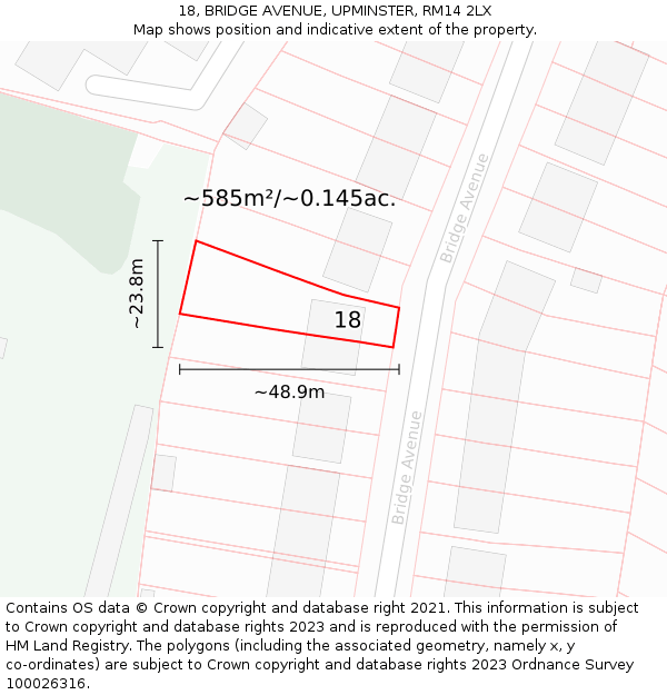 18, BRIDGE AVENUE, UPMINSTER, RM14 2LX: Plot and title map