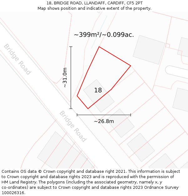 18, BRIDGE ROAD, LLANDAFF, CARDIFF, CF5 2PT: Plot and title map