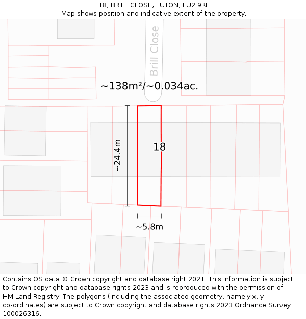 18, BRILL CLOSE, LUTON, LU2 9RL: Plot and title map