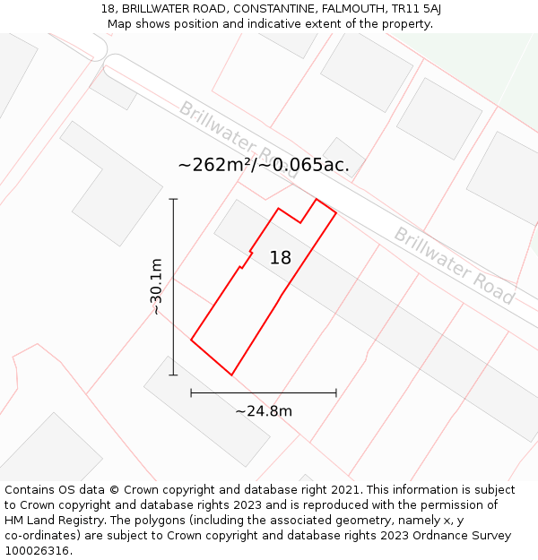 18, BRILLWATER ROAD, CONSTANTINE, FALMOUTH, TR11 5AJ: Plot and title map